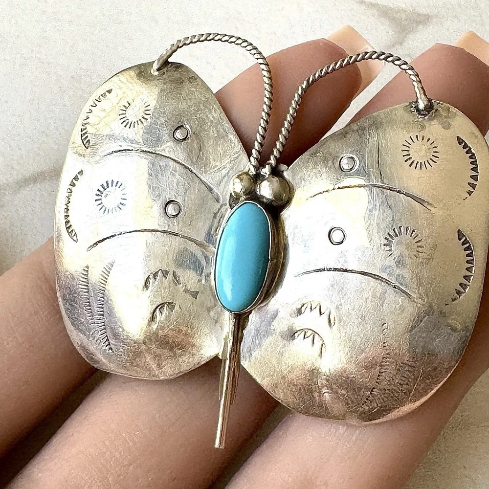 VTG Zuni Butterfly Pin Turquoise 2in Bug Brooch Sterling Signed Yazzie Native Am